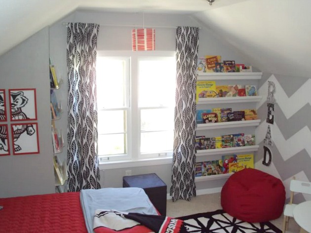 Boy's Bedroom - Red and Gray with Chevron Wall and Gutter Bookshelves