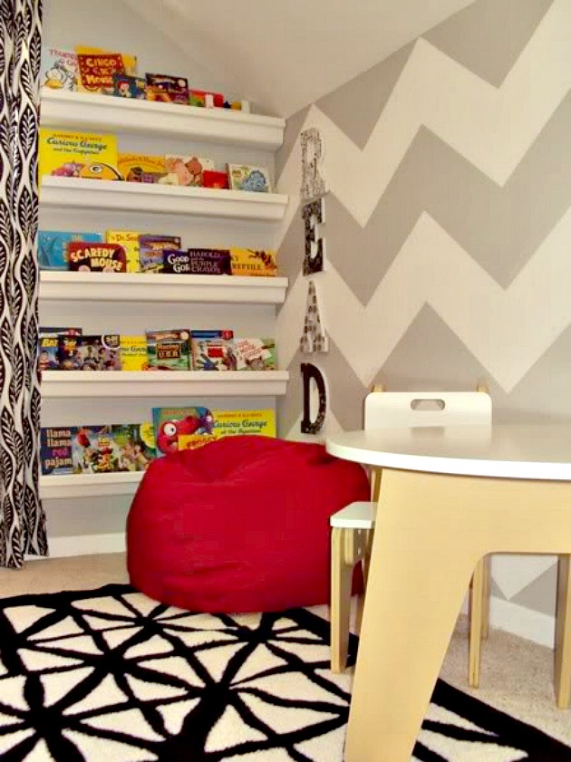 Boy Room - Red and Gray with Chevron Wall and Gutter Bookshelves