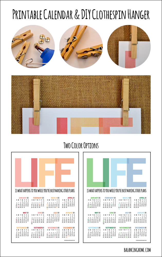 2013 Printable Calendar with 2 Color Options & DIY Clothespin Hanger