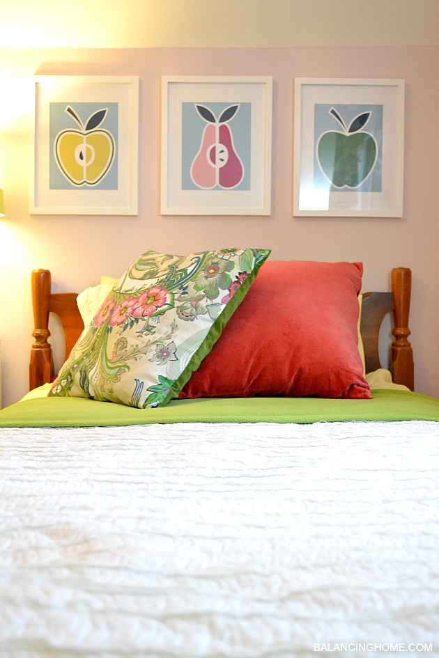 Big Girl Room Reveal- pillow from World Market napkins, ruffled bedding, DIY fruit art