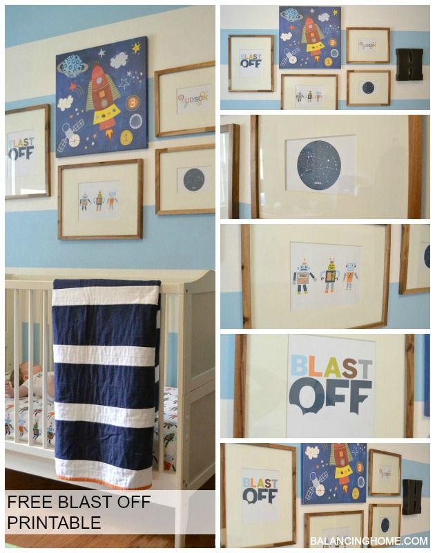 Robot/Space Art in Nursery Gallery Wall with free Blast off Printable.