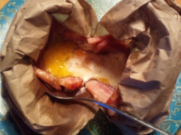 Paper Bag Eggs-- AKA bacon and eggs when camping