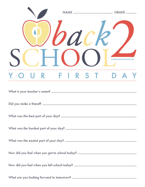 Back To School- Your First Day Questionnaire Printable