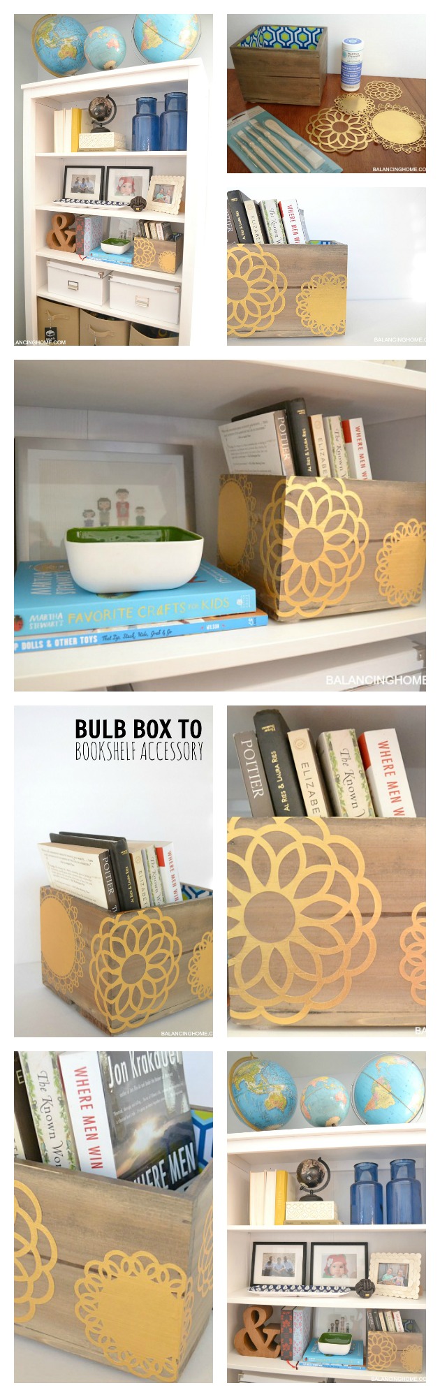 Martha Stewart Decoupage Gold Foil Doily Bulb Box To Bookshelf