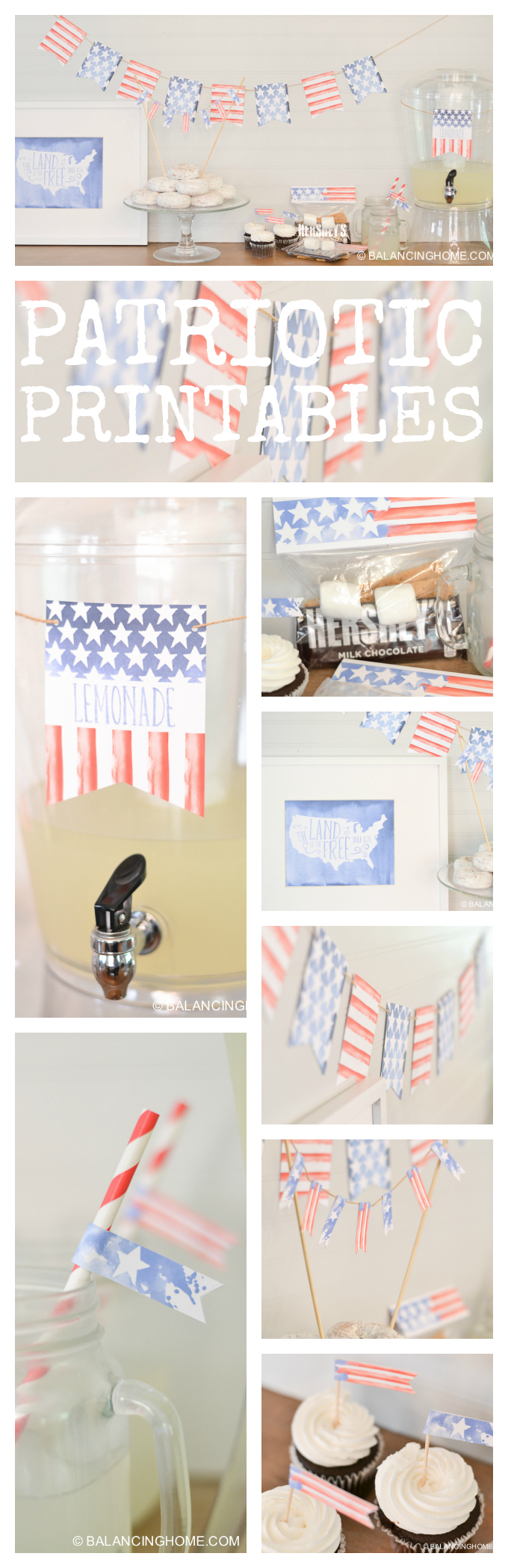 Everything you need to decorate and party for the 4th of July. Fun patriotic water color bunting, cupcake toppers, bag topper, drink labels, and a super cute print.