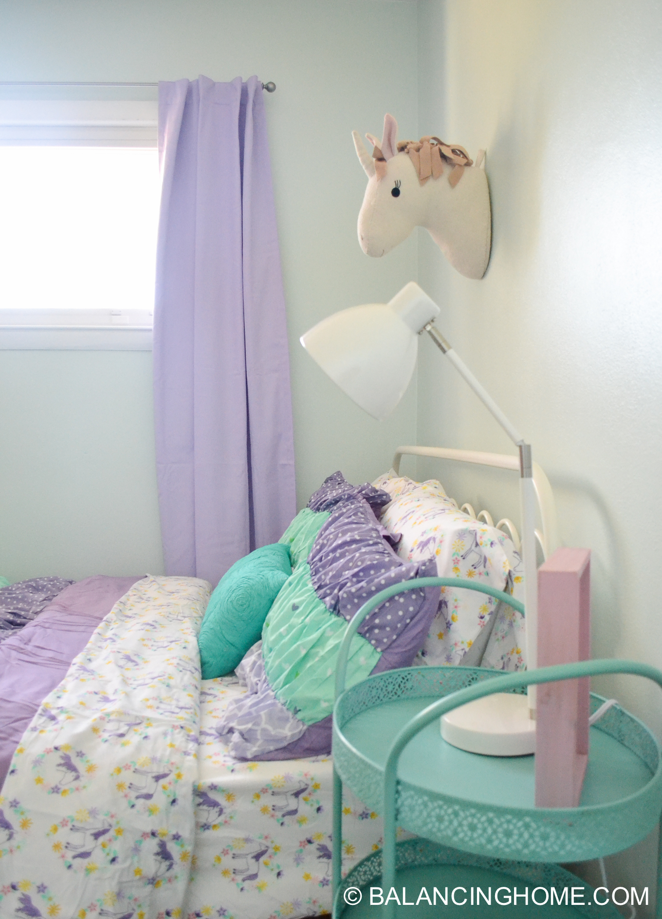 girl room makeover purple, turquoise, mint, unicorn