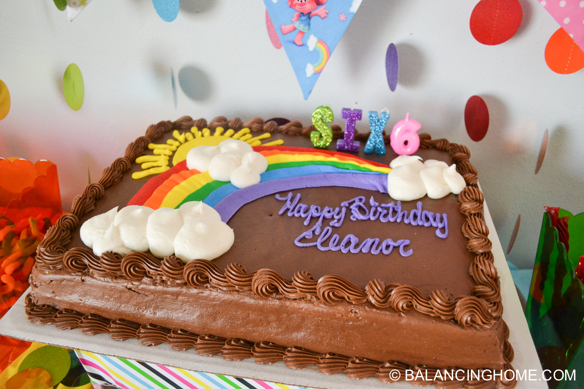 Trolls birthday cake for a simple Trolls birthday party